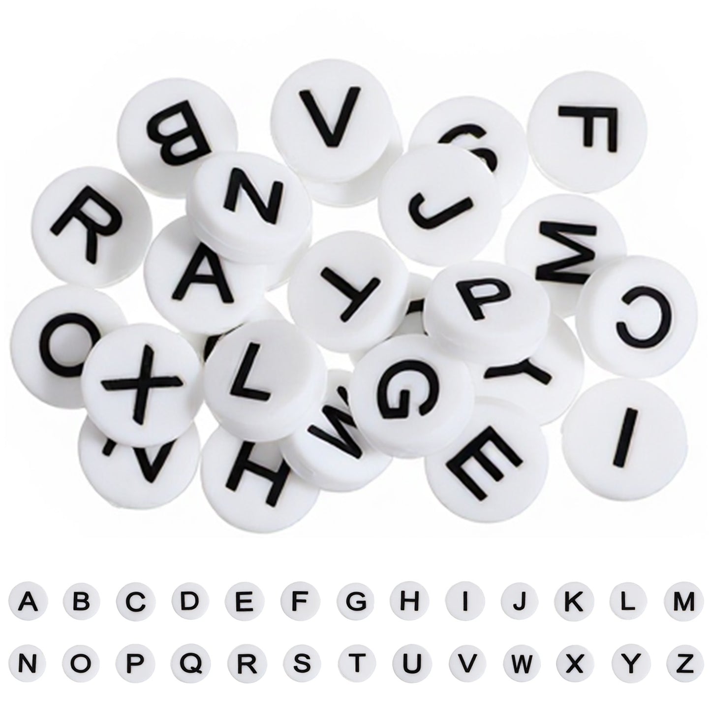 Classicseali 52PCS Silicone Letter Beads, 15mm Round Letters Beads for Keychains, A-Z Silicon Bead, for Bracelets, Keychains, Necklaces and Lanyards (Black Letter on White Background)