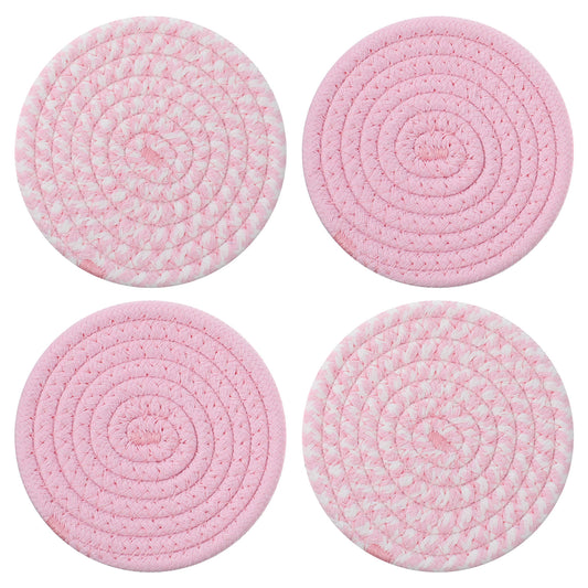 Classicseali 4Pcs Pink Coasters, Cotton Pink Coaster for Desk, 4.3 In Coasters Cute, Absorbent Handmade Woven Coaster for Drinks Apartment Essentials, for Mom from Daughter