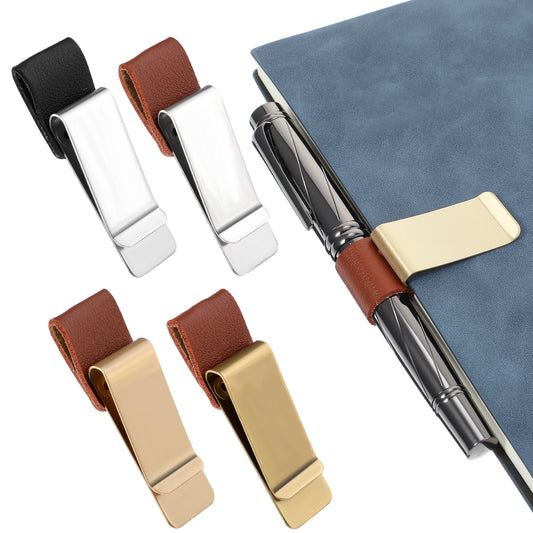 oruola Pen Holder for Notebook,4pcs Pen Loop for Notebook,PU Leather Retro Metal Pen Holder Clip for Journal, Planner, Clipboard, Office (Silver, Black, Brown)