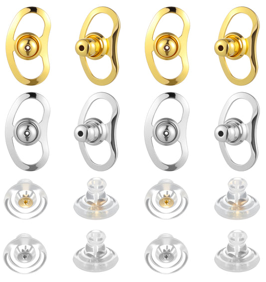 12Pcs Earring Backs for Droopy Ear, Earring Lifters Backs for Studs Ears Support Locking for Small Big Heavy Earrings, Style & Comfortable Ideal for Sensitive Skin, 8 Pairs Silver Gold Claer