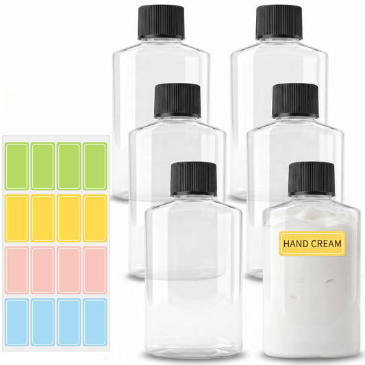 Classicseali 6Pcs Travel Bottle, 60ml Plastic Travel Bottles with 16pcs Tag, Refillable Clear Empty Mini Travel Bottles with Screw Lids for Toiletries, Soap, Shampoo and Conditioner