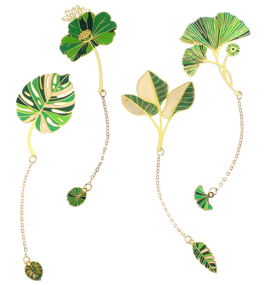4 Pcs Metal Plant Bookmarks, Lotus Leaf Floral Metal Bookmarks with Chain, Cute Monstera Bookmarks for Book Lovers, Ideal Gifts for Readers Teachers Writers