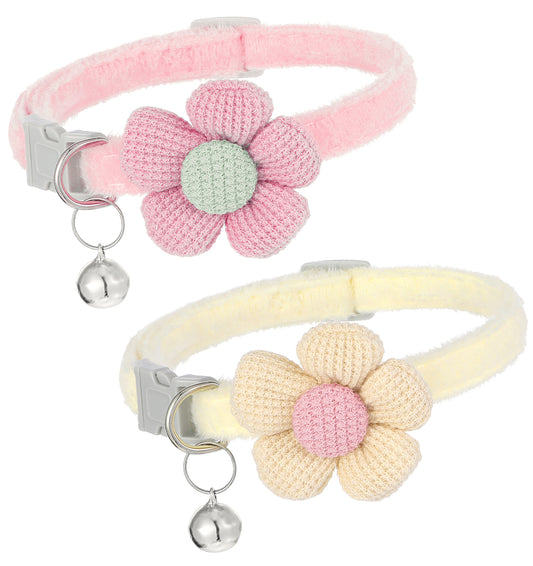 Kitten Collars, 2Pcs Cat Collar with Bell Pet Plush Flower Collars in Pink and Cream, Adjustable Safety Design for Small Dogs and Cats with Bell, Cute Puppy Accessories
