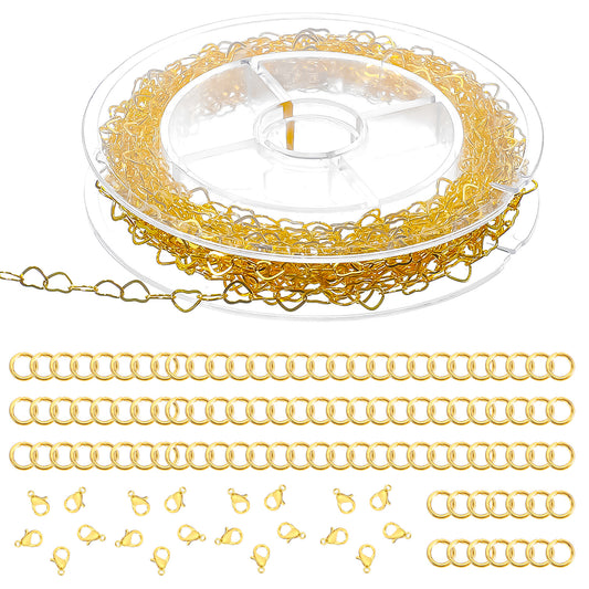 Classicseali Chain for Jewellery Making, 5m Heart Gold Plated Chain for Jewelry Making, 20 Lobster Clasps, 50 Metal Rings, Jewelrys Makings Chains, for Makings Necklaces Earrings Bracelets