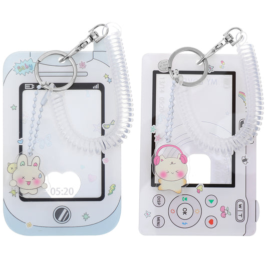 Classicseali 2 Pcs Photocard Keychain, Cute Photocard Holder Keychain with Spiral Wrist Coil, Photo Keychains for Bus Card Credit ID Bank Card Pendant, Blue & Pink