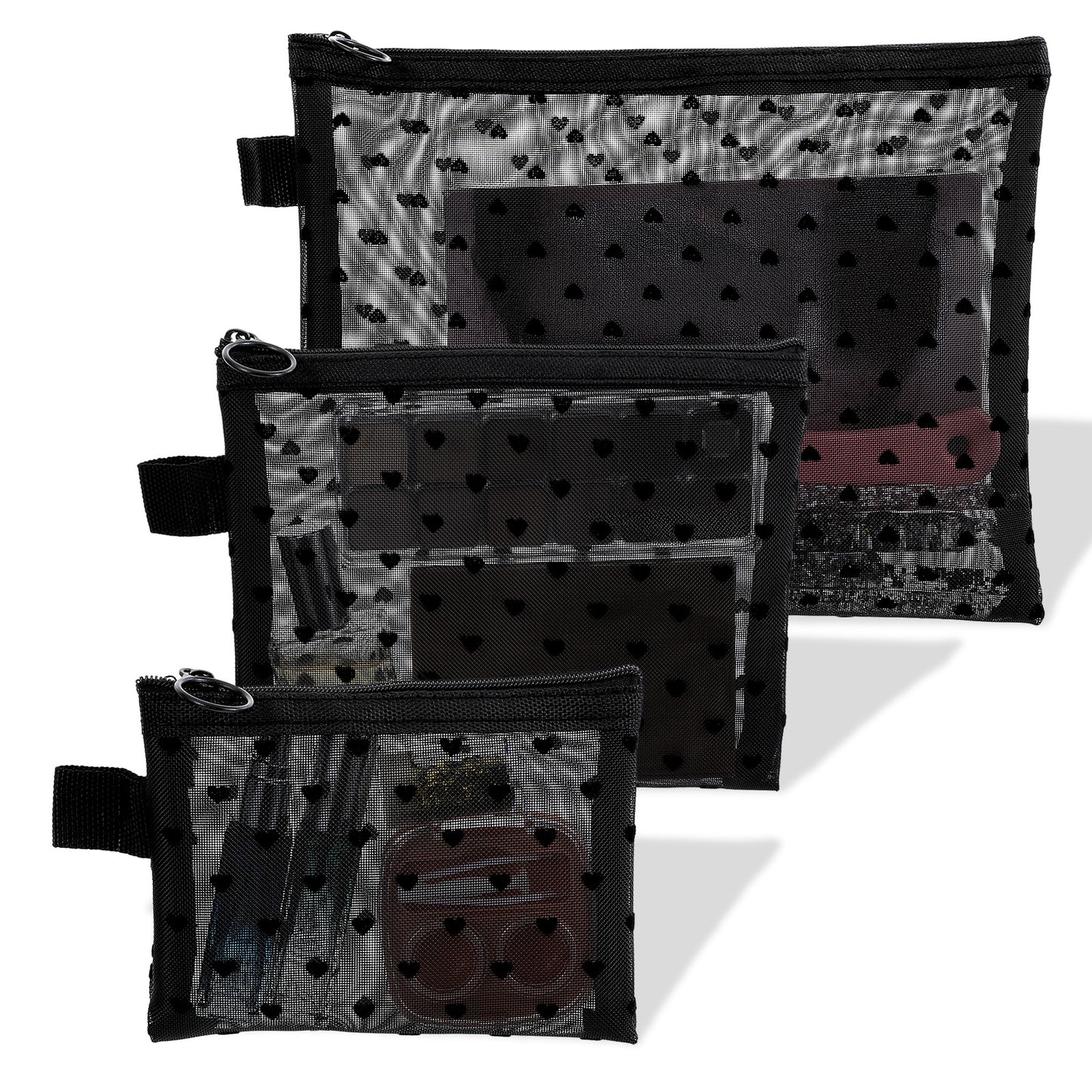 Classicseali 3pcs Mesh Makeup Bag with Zipper, 3 Sizes of Heart Print Pouches for Purse, Purse Bags for Organization, Black Nylon Mesh Cosmetic Bags for Travel and Home Storage