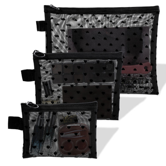 Classicseali 3pcs Mesh Makeup Bag with Zipper, 3 Sizes of Heart Print Pouches for Purse, Purse Bags for Organization, Black Nylon Mesh Cosmetic Bags for Travel and Home Storage