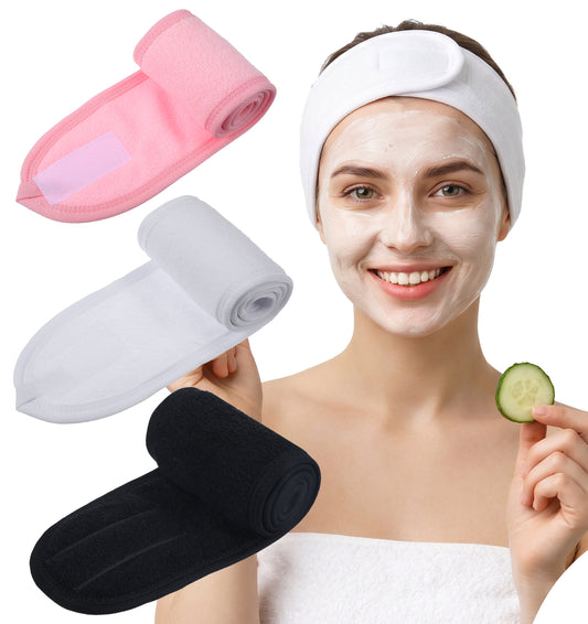 3 Pcs Spa Headbands for Women, Soft Polyester Terry Cloth Headband, Adjustable Non-slip Facial Headbands for Face Washing Makeup Shower