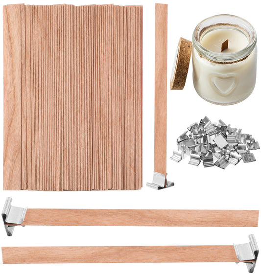 120 Pcs Candle Wicks Wooden with 60 Iron Stands, 13 x 1.3 cm Smokeless Wood Wicks for DIY Handmade Candle Making