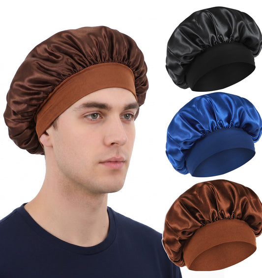 3 Pack Bonnet for Men, Silk Bonnet Men Satin Elastic Band