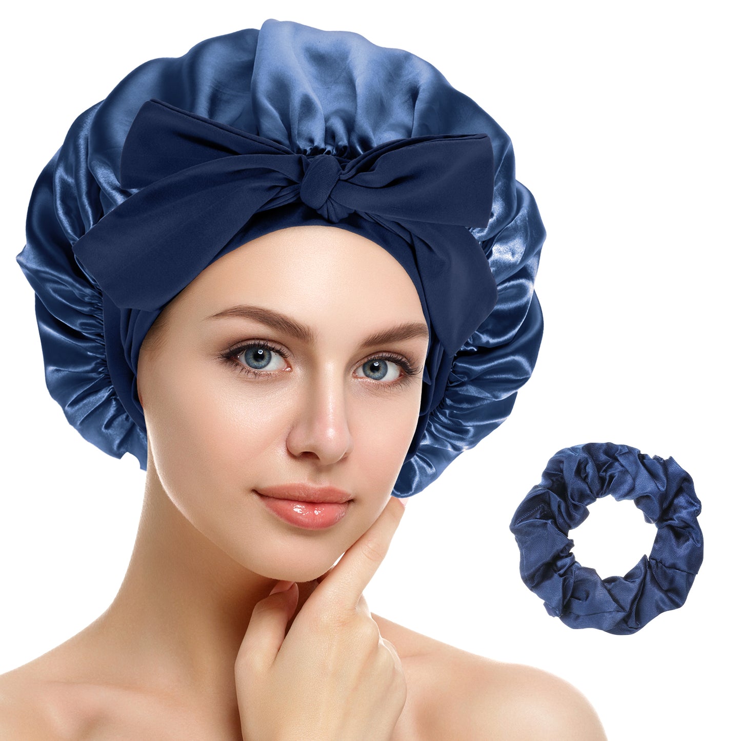 oruola 2 Pcs Silk Sleep Bonnet,Sleep Bonnets for Women,Double Layer Curly Hair Bonnet for Curly Hair Braid Women,Soft Breathable Satin Bonnet with Tie Band Hair Wrap Cap for Sleeping,Navy