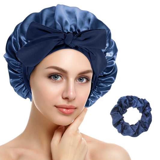 oruola 2 Pcs Silk Sleep Bonnet,Sleep Bonnets for Women,Double Layer Curly Hair Bonnet for Curly Hair Braid Women,Soft Breathable Satin Bonnet with Tie Band Hair Wrap Cap for Sleeping,Navy