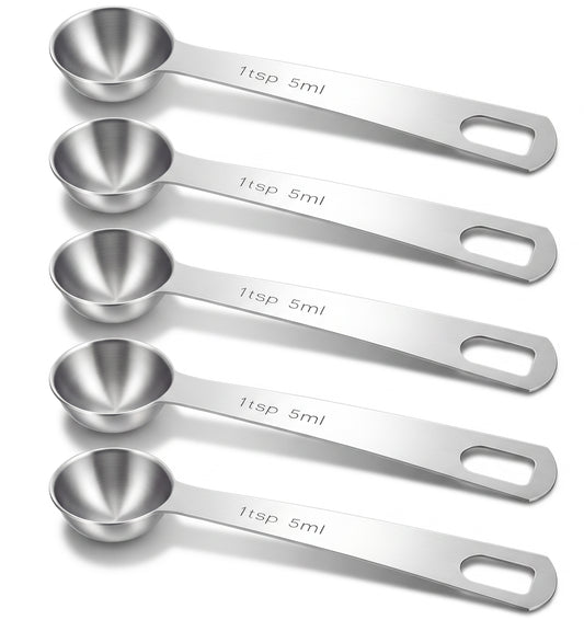 5 Pack 1 TSP Measuring Spoons, Stainless Steel 1/3 Tablespoon Measuring Spoon for Baking & Cooking, 4.7 Inch 5ml Teaspoon Scoop Long Handle with Hanging Hole