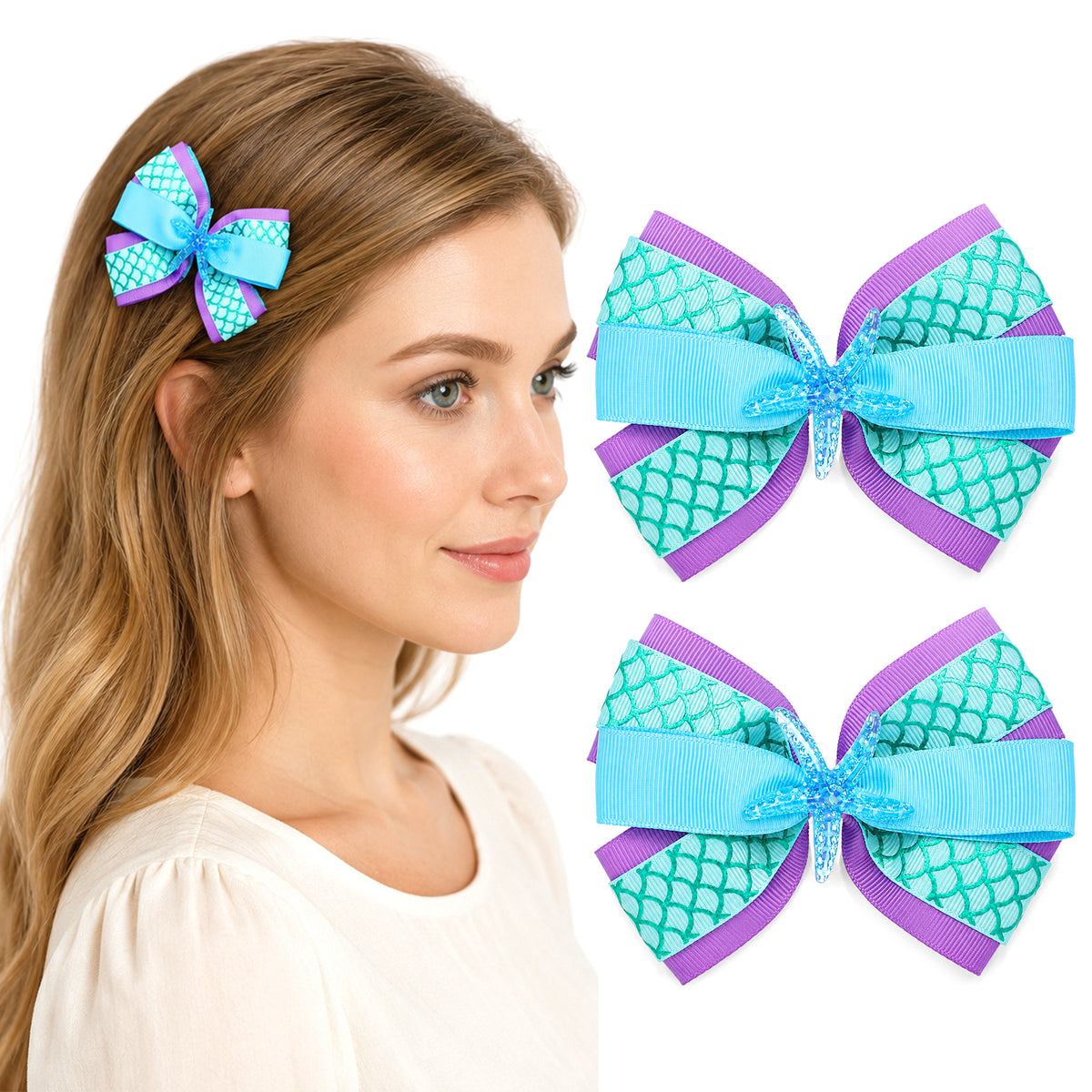 Elegaperma 2Pcs Mermaid Bow, Glitter Mermaid Accessories for Girls