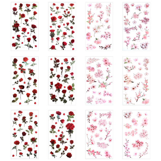 Classicseali 12pcs Rose Stickers, Red Pink Vintage Flower Stickers, Decals for Crafts Scrapbook Supplies Card Making Journaling Water Bottles DIY Crafts Decoration