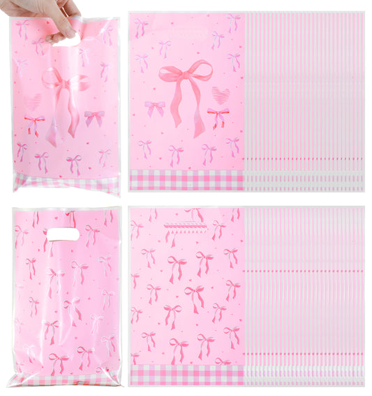 Bow Party Favor Bags, 60 Pcs Pink Bow Plastic Gift Bags, Butterfly Goodie Bag for Party Favors, Candy, Birthday, Wedding & Bridal Event Decorations