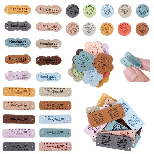 Guduling 50pcs Handmade Tags, Made with Love Labels, Pu Leather Handmade Tags, Hand-Embossed with Holes, Suitable for Knitting, Sewing, Clothing, Hats, Scarves (11 Colors)