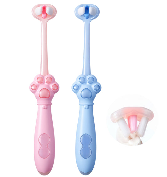 2 Pack 3 Sided Toothbrush Kids, Soft Bristles Autism Toothbrush, Triple-Sided Design for Ages 3-12, Easy Grip Handle & Complete Gum Care(Bule＆Pink)