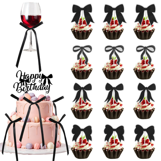 Classicseali 19pcs Black Bows for Cake, Cake Bows for Decorating, with Happy Birthday Sign, Bow for Cakes,Themed Parties, Baby Showers, Weddings, Black