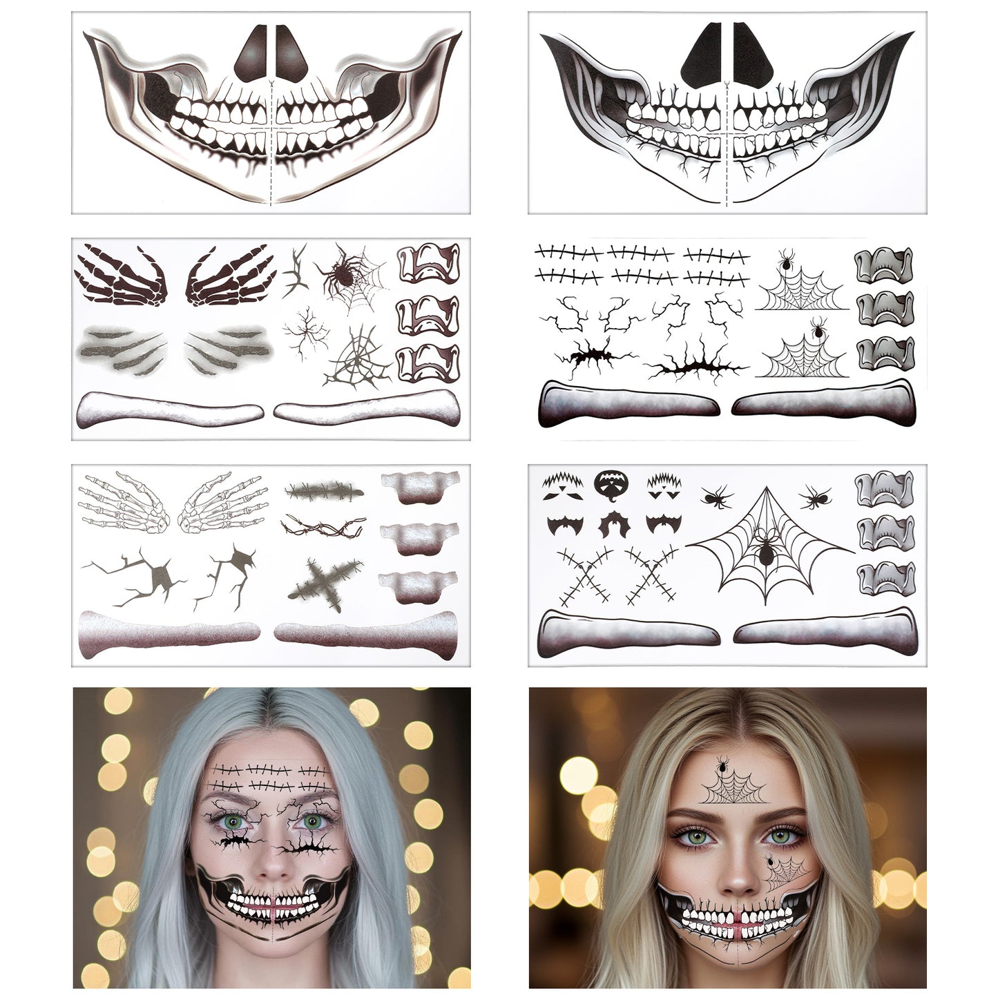 Oruola 2 Sets Halloween Temporary Tattoos,Skull Face Tattoos for Adults,Halloween Scary Face Makeup Tattoo for Both Men and Women,Day of the Dead Makeup Faces Tattoo