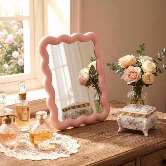 FRCTLNKG Wavy Mirror, Portable Foldable Vanity Mirror, Travel Makeup Mirror with Stand, for Daily Makeup, Travel, and Bedroom Use