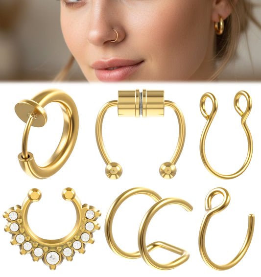 ValueBargain 6Pcs Fake Nose Ring Gold Fake Septum Piercing Studs, 6 Style Clip On Nose Rings, Non Pierced Comfortable Hoop Cuff for Women, Easy to Wear & Stylish