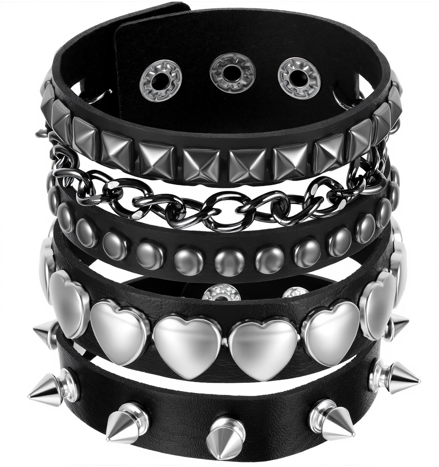 ValueBargain 3 Pcs Spiked Bracelets, Studded Bracelet with Spikes & Studs, Adjustable Spiked Cuffs for Men & Women, 80s Rock Wristband, Black Leather