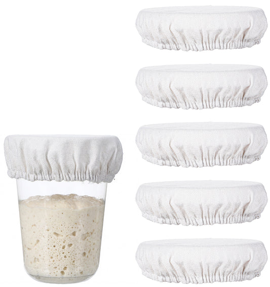 Sourdough Starter Jar Cover, 5 Pcs Cotton Linen Cloth Jar Covers for Sourdough, Reusable Breathable Fermentation Lids with Elastic Design (3-4 Inch, White)
