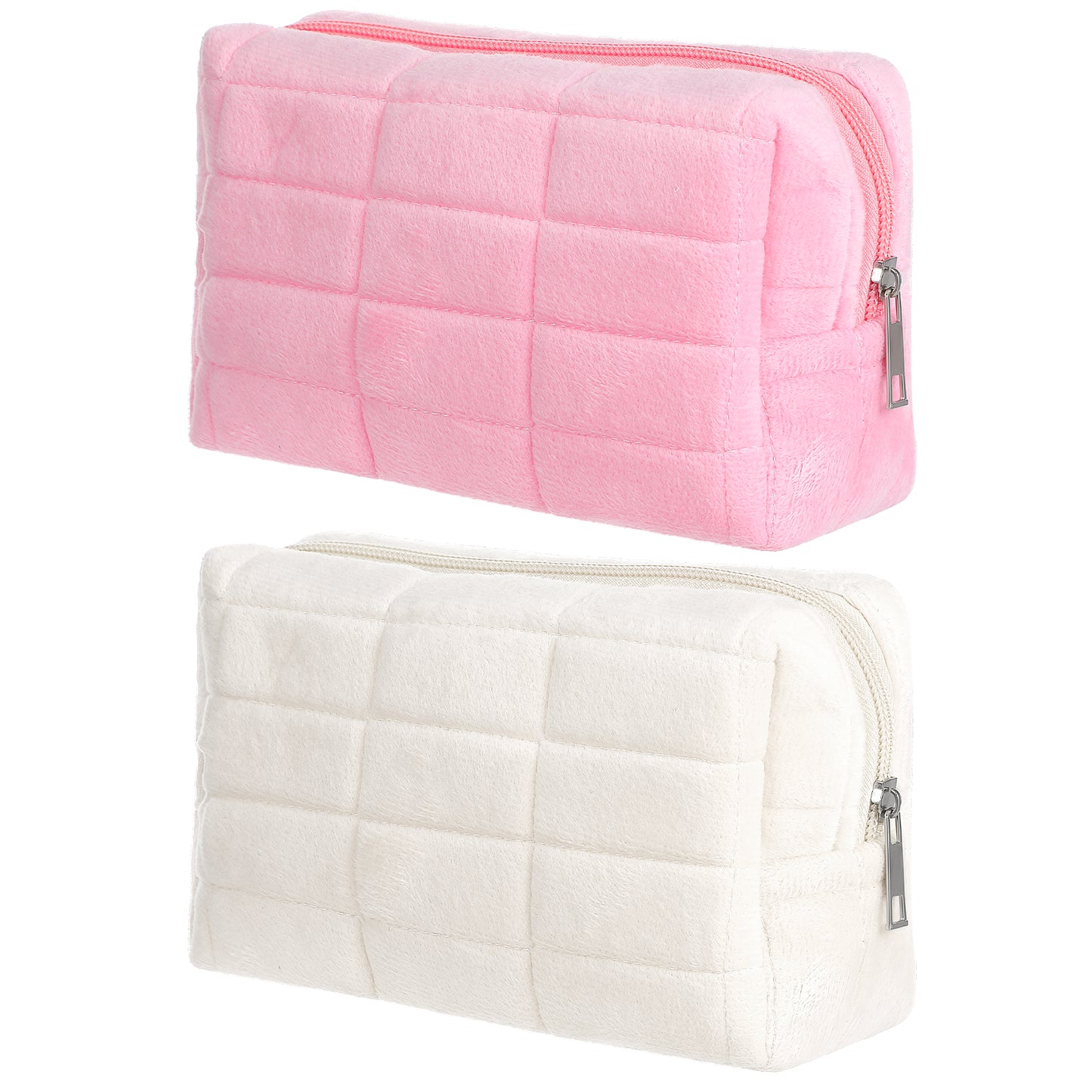 Classicseali 2PCS Pink Makeup Bag, Plush Make Up Bags Small, Plaid Smalls Makeup Bag for Travel, Used to Hold Lipstick, Makeups Brushes, Eye Shadow or Skin Care Products, White, Pink