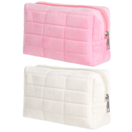 Classicseali 2PCS Pink Makeup Bag, Plush Make Up Bags Small, Plaid Smalls Makeup Bag for Travel, Used to Hold Lipstick, Makeups Brushes, Eye Shadow or Skin Care Products, White, Pink
