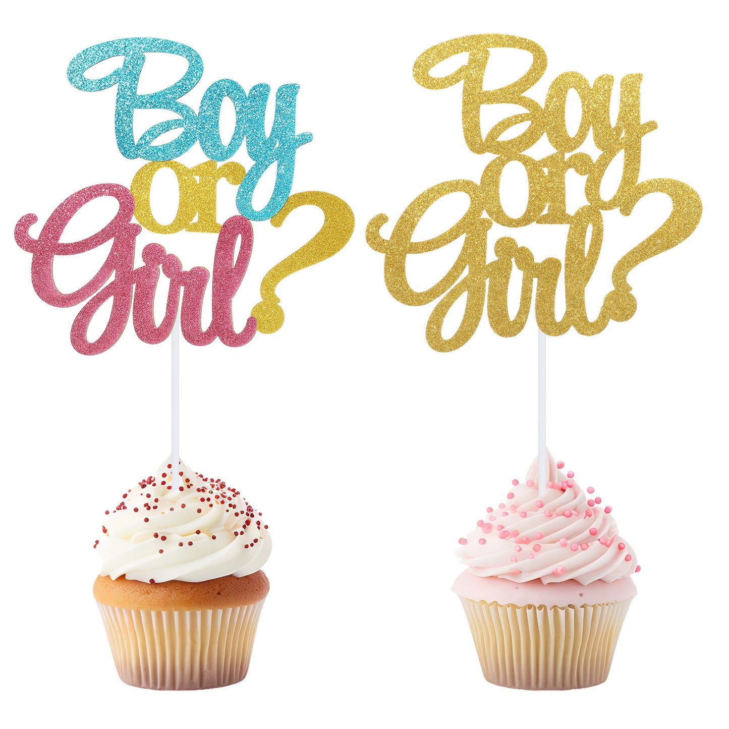 Elegaperma 2pcs Gender Reveal Cake Toppers,Glitter Boy or Girl Cake Topper,Gender Reveal Cupcake Toppers for Baby Shower Decorations Supplies(Blue Pink,Gold)