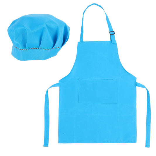 Classicseali Kids Apron and Chef Hat Set, Adjustable Kids Chef Hat and Apron with 2 Pockets, Kids Aprons for Girls and Boys, for Cooking Baking, Blue
