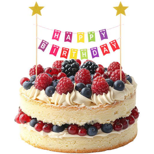 Classicseali Mini Birthday Cake Topper, Handmade Pennant Flag Colorful Happy Birthday Banner Cake Decorations with Golden Stars for Boys Girls Birth day Baby Shower Party Baking Decoration