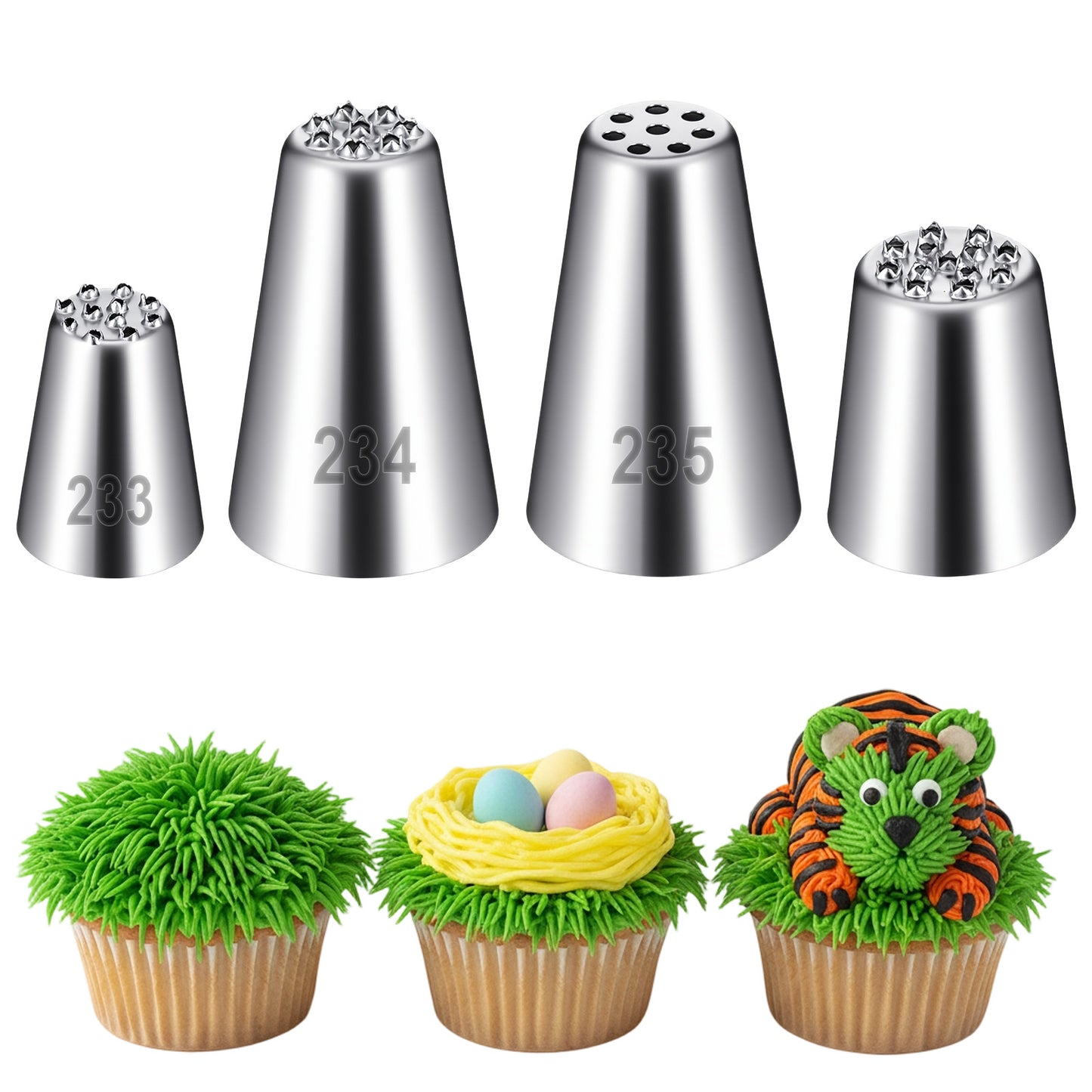 Elegaperma 4PCS Grass Piping Nozzle, 304 Stainless Steel Cake Piping Kit with 4 Multi-Hole Piping Tips for Grass, Fur and Floral Cake Designs（233,234,235,M24）