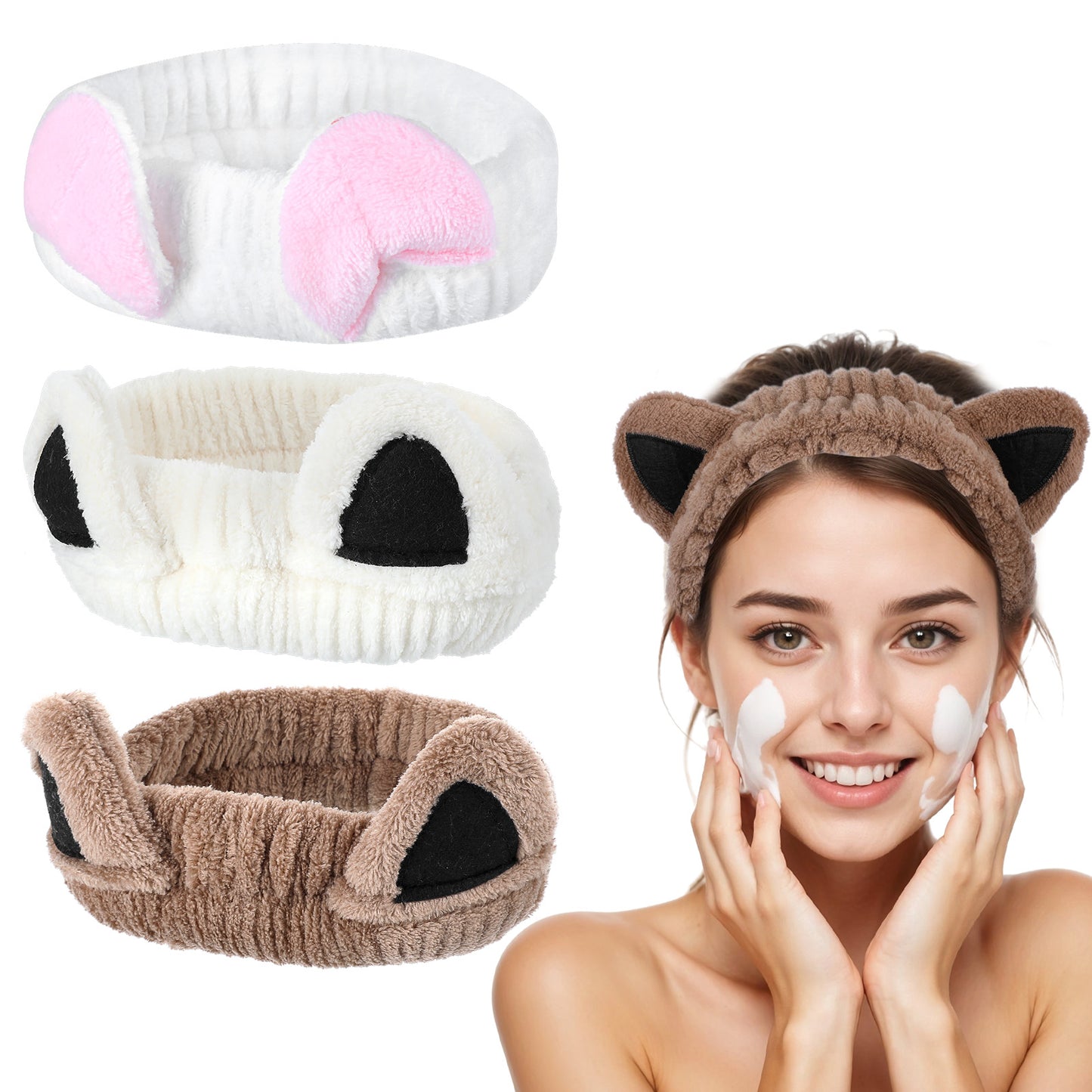 Classicseali 3PCS Make Up Headband, Cat Headband Soft Coral Fleece, Cute Elastic Face Headband for Skincare, for Women and Girls to Wash Their Face, Make Up, Skin Care, Beige, Brown, White