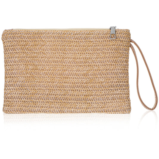 Raffia Bag, Straw Wallet for Women, Bohemian Style, Zipper Wristlet Hand-Woven Straw Clutch Purse, Suitable for Work, Dating, Daily Life and Travel, Khaki