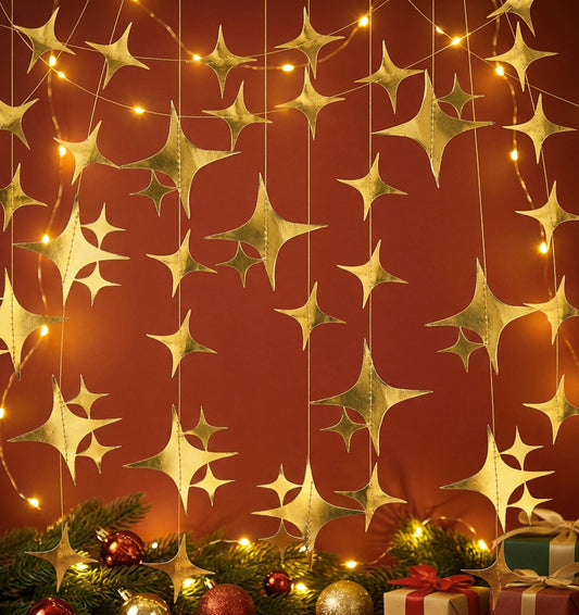 3 Pack Glitter Gold Stars Garland for Party Decorations, 4m Reflective Sparkling Gold Stars Bunting, Hanging Stars Streamer Kit for Birthday Wedding Backdrop