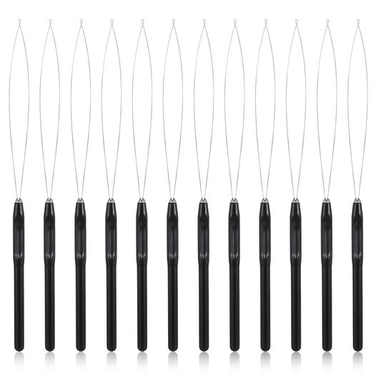 Guduling 12pcs Hair Extension Loop Threader, Hair Loop Pull Through Tool, Non Slip Handle Hairs Pull Through Tool, Topsy Tail Hairs Tools for Feather Extensions (Black)