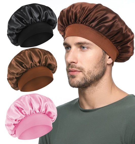 3 Pcs Bonnets for Men, Bonnet Men Double Layer Satin Sleep Cap with Soft Elastic Band for Curly Hair & Braids (Black, Pink, Coffee)