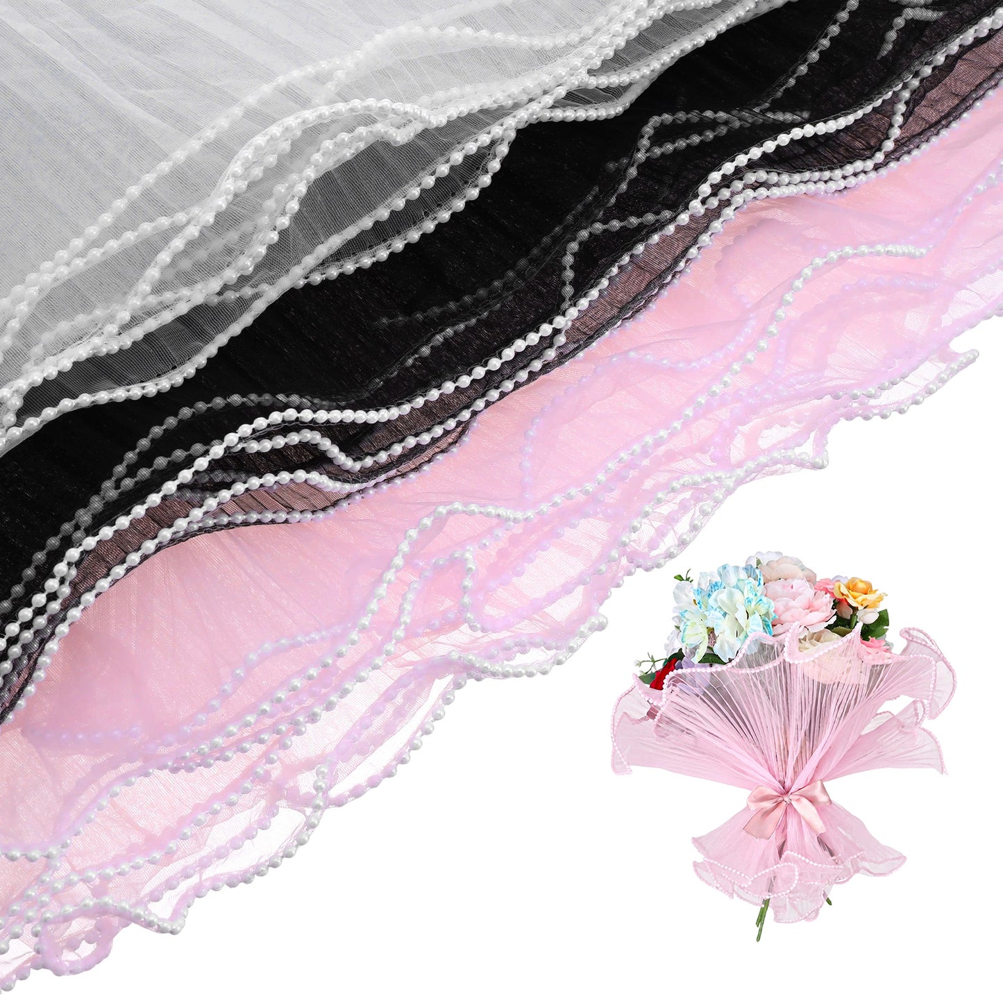 3 Pcs Pearl Mesh for Bouquets, 143.7 x 10.6 Inch Wrapping Paper Floral in White, Champagne & Black for Weddings, Anniversaries (Polyester & Plastic)