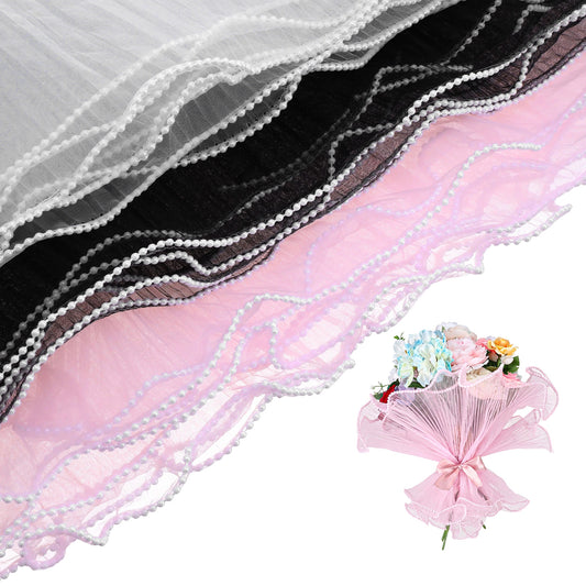 3 Pcs Pearl Mesh for Bouquets, 143.7 x 10.6 Inch Wrapping Paper Floral in White, Champagne & Black for Weddings, Anniversaries (Polyester & Plastic)