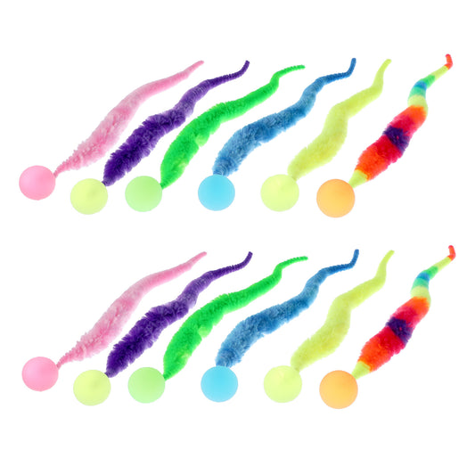 Classicseali 12 Pack Colorful Wiggly Worm Cat Toys, Colorful Cat Bouncy Ball, Fuzzy Worms with Ball, Interactive Bouncys Tails Cat Toys, for Cats Party Favors, 5 Colors