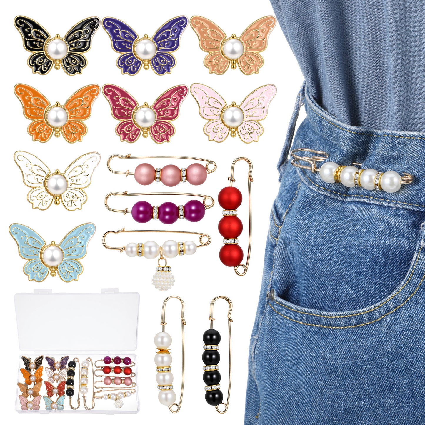 Classicseali 14PCS Pant Tighteners for Waist Women, Detachable Butterfly Buckle Waist Tightener Clip, Adjustable Pants Button Tightener Sets for Loose Jeans