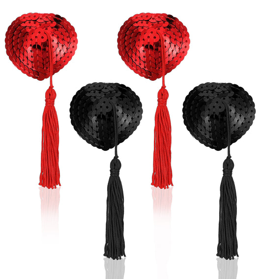 ValueBargain Nipple Tassels Women, 2 Pairs 5 cm Nipple Covers Reusable with Sequins & Tassel for Parties, Weddings, Birthday, (Red & Black)