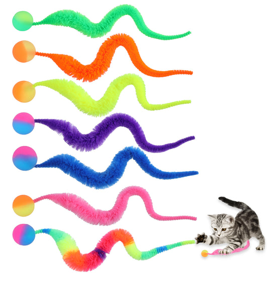 Classicseali 7pcs Cat Toys Balls, Colorful Worm On A String with Ball, Interactive Cat Toy Balls, Twisty Fuzzy Worms for Cats Party Favors, Rainbow Colors