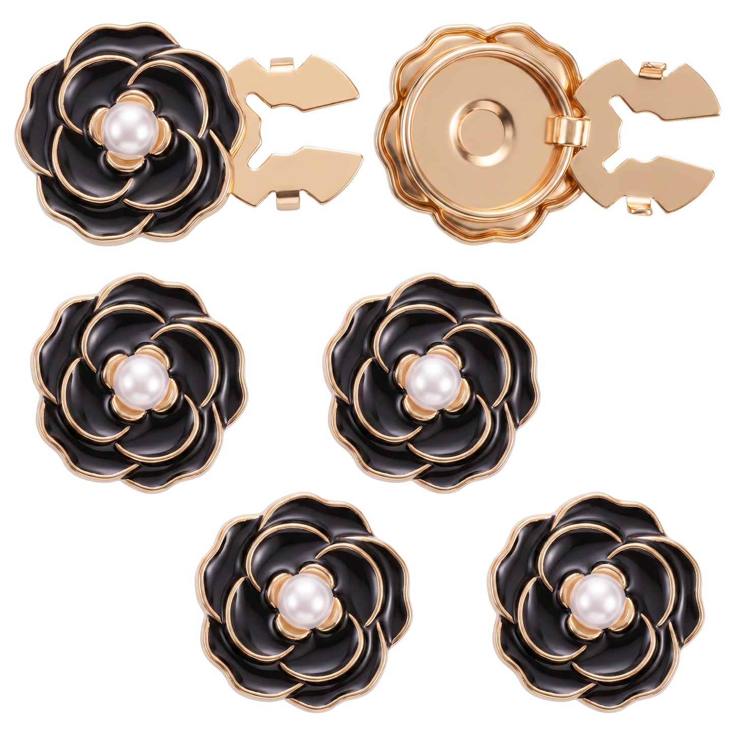 Classicseali 6 Pcs Button Covers,Camellia Flower Button Clips for Shirts Women,Button Covers for Women with Pearl Decorative Buttons,Golden Base,for Women Men