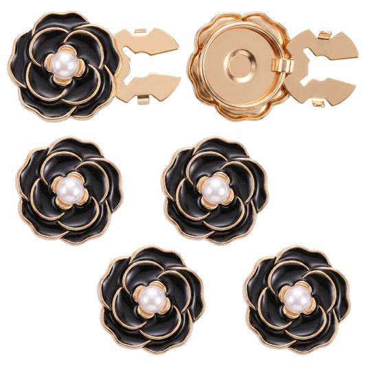 Classicseali 6 Pcs Button Covers,Camellia Flower Button Clips for Shirts Women,Button Covers for Women with Pearl Decorative Buttons,Golden Base,for Women Men