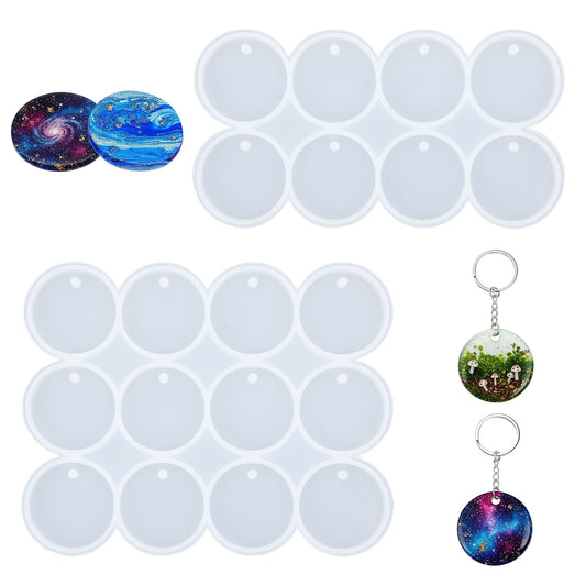 Classicseali 2 Pcs Resin Keyring Mould, 20 Cavity Round Ornament Molds for Epoxy Resin, 2 Sizes Silicone Mold Resins with Holes, for DIY Earrings, Keychain, Pet Tag, Jewelry Making