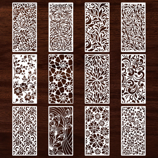 Oruola 12pcs Floral Stencil,Flower Stencils for Painting,Reusable Art Paint Stencil,Wood Grains Flower Texture Templates Spider Web Layering Spray Paint Stencils Kit on Wall Canvas Cake Card DIY