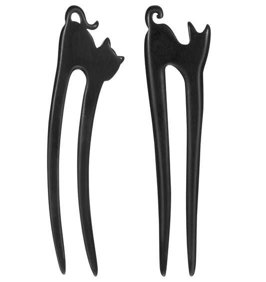 Hair Fork, 2 Pcs Wooden French Hair Pins, Chinese Hair Stick Pin with Cute Cat for Women Thick Long Hairstyle, Easy Updo & Chignon Bun Styling (Black)